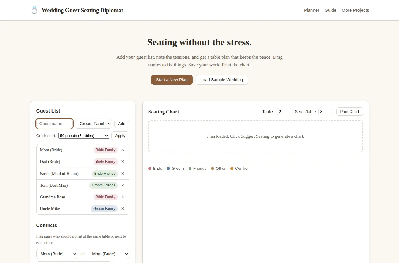 Screenshot of Wedding Guest Seating Diplomat interface showing the project page in use
